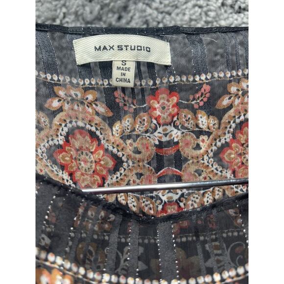 Max Studio Top Small Floral Brown & Black thread Lined Flutter Sexy Blouse - Picture 3 of 8